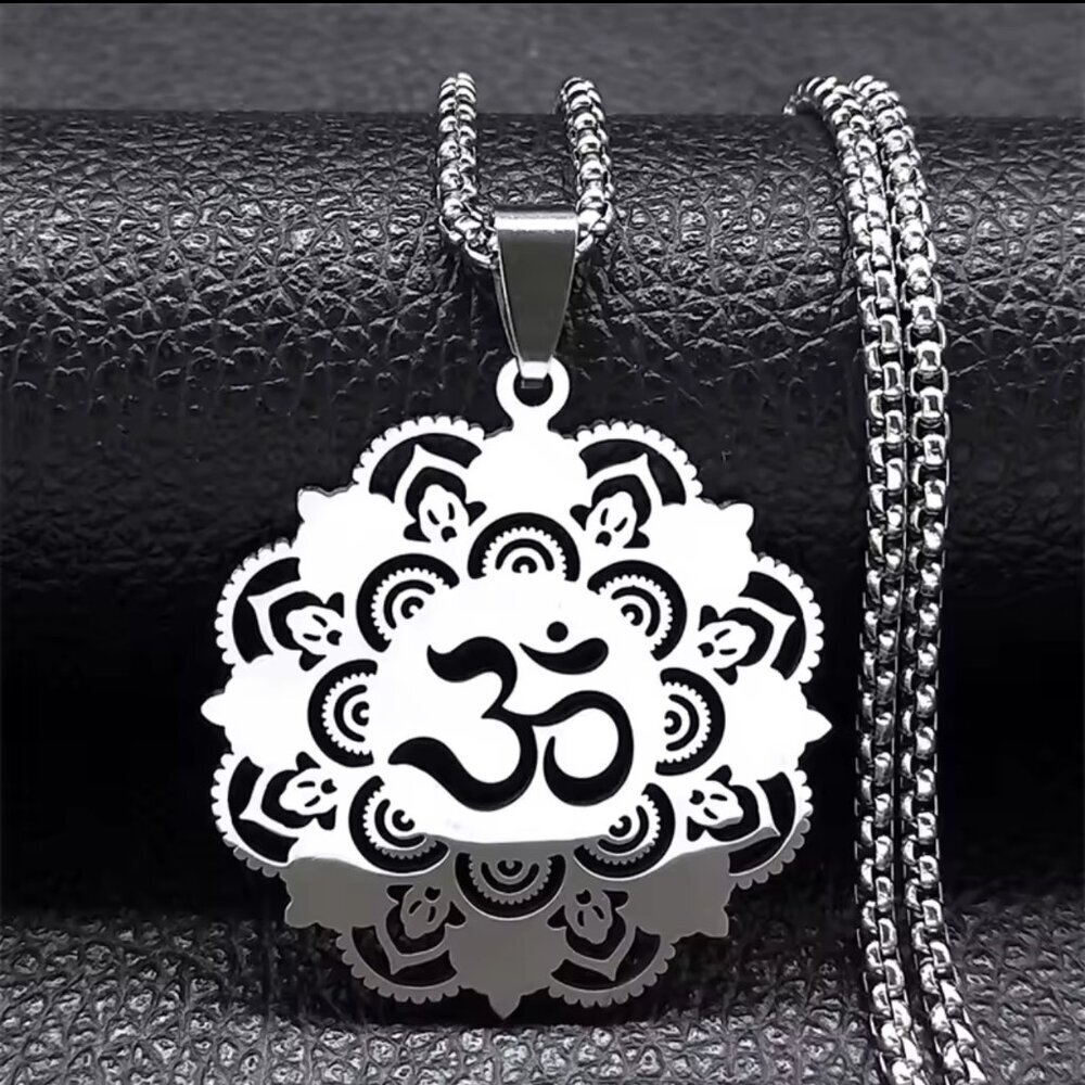 Spiritual Om Lotus Pendant Necklace - Stainless Steel 20" #1532